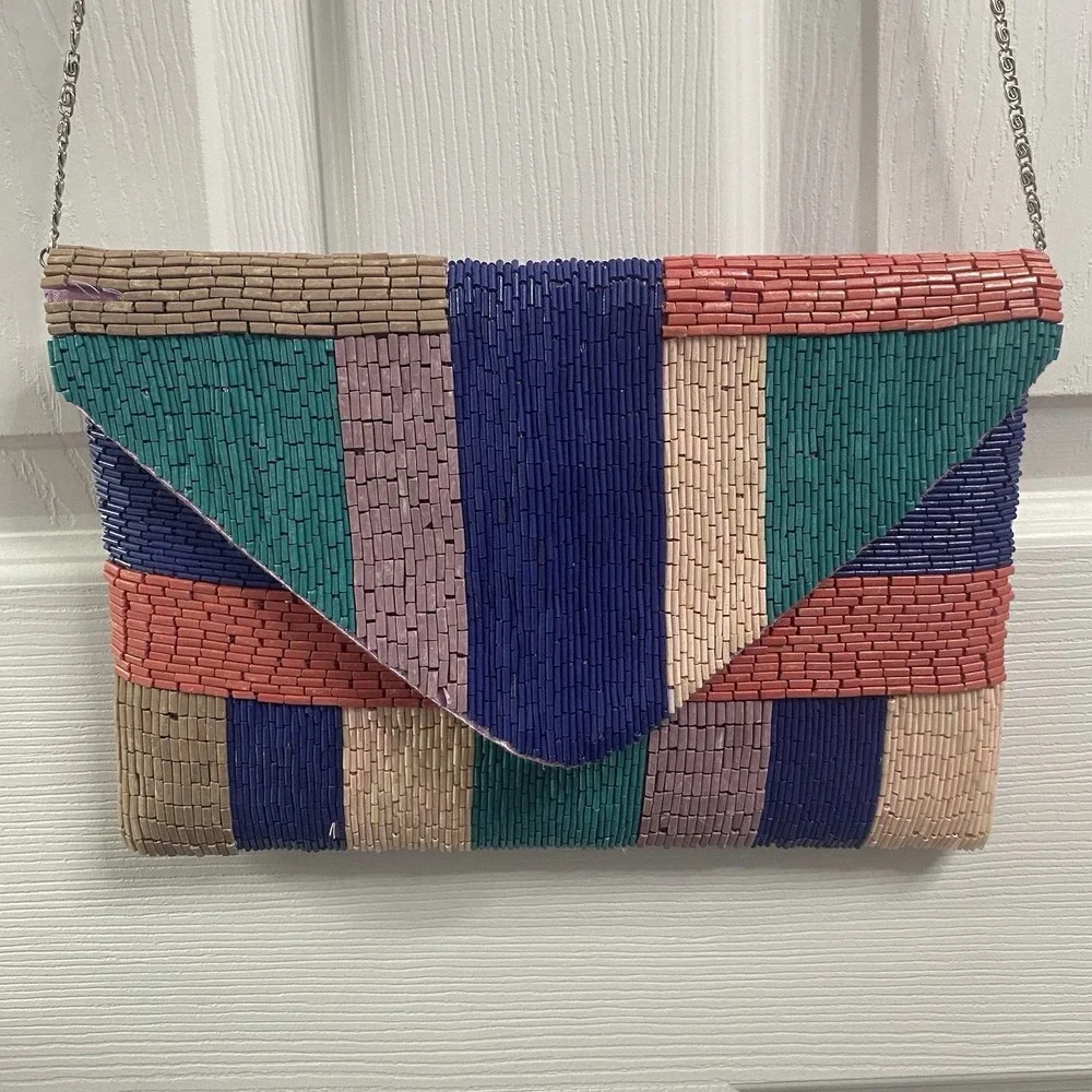 Vintage LA REGALE Beaded Multicolor Evening Small Bag Clutch Purse, Satin Lining